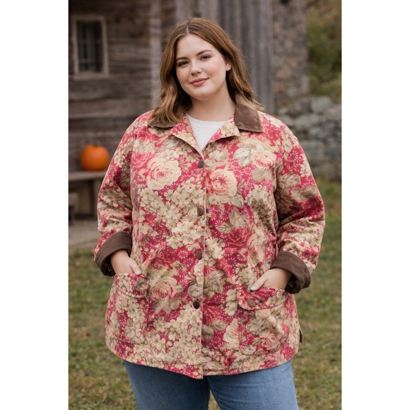 LL Bean Jackets & Blazers - LL Bean Women's 3X Floral Print Cotton Barn Coat Corduroy Collar Vintage 1990s